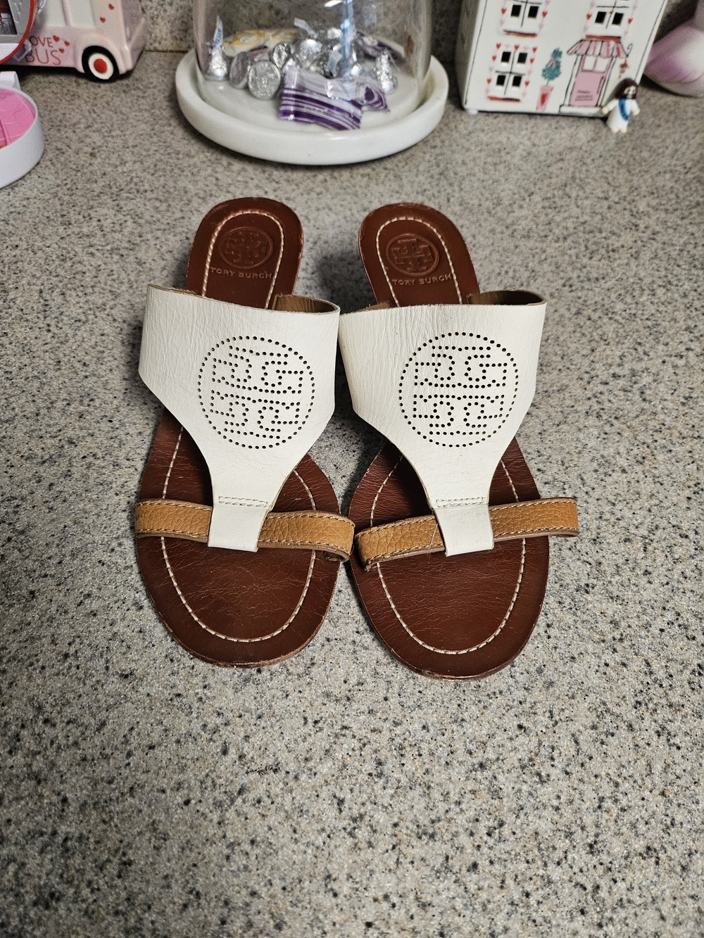Tory Burch White Leather Miller Sandals with Tan Strap